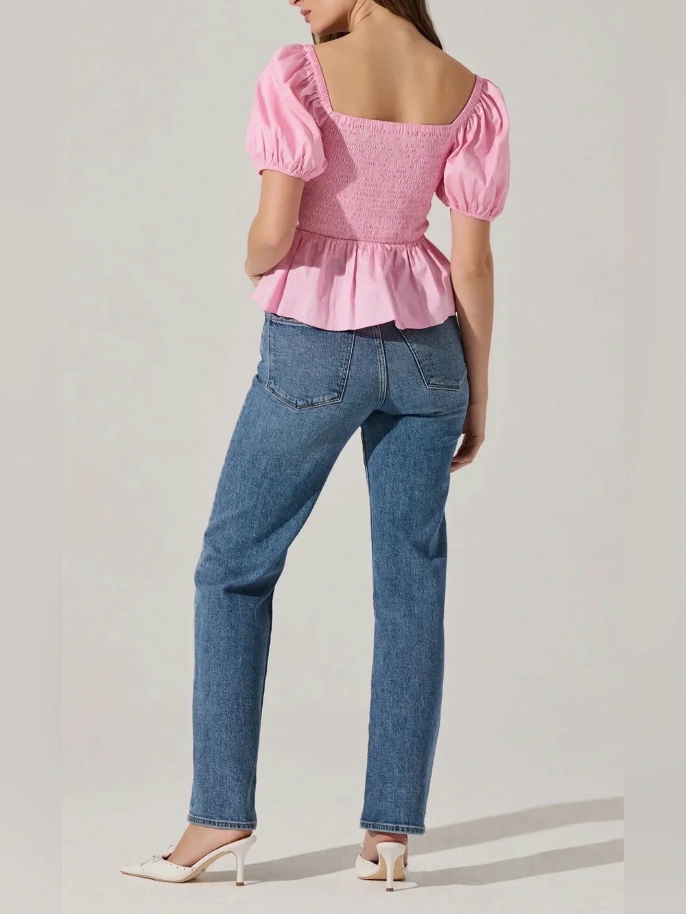 NWT Astr The Label Pink Smocked Peplum Tie-Front Peplum Blouse Size Medium